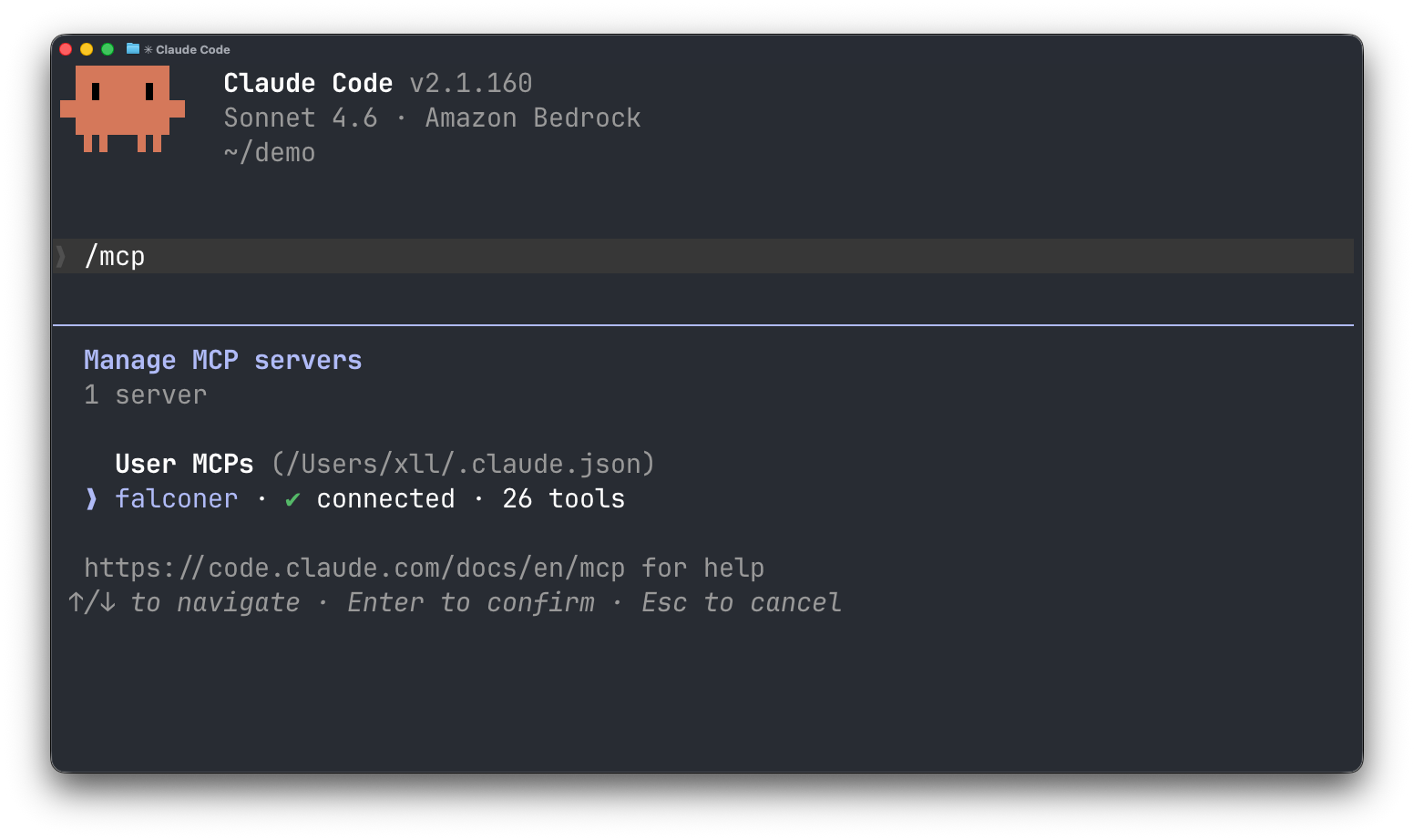 Claude Code MCP settings showing Falconer connected