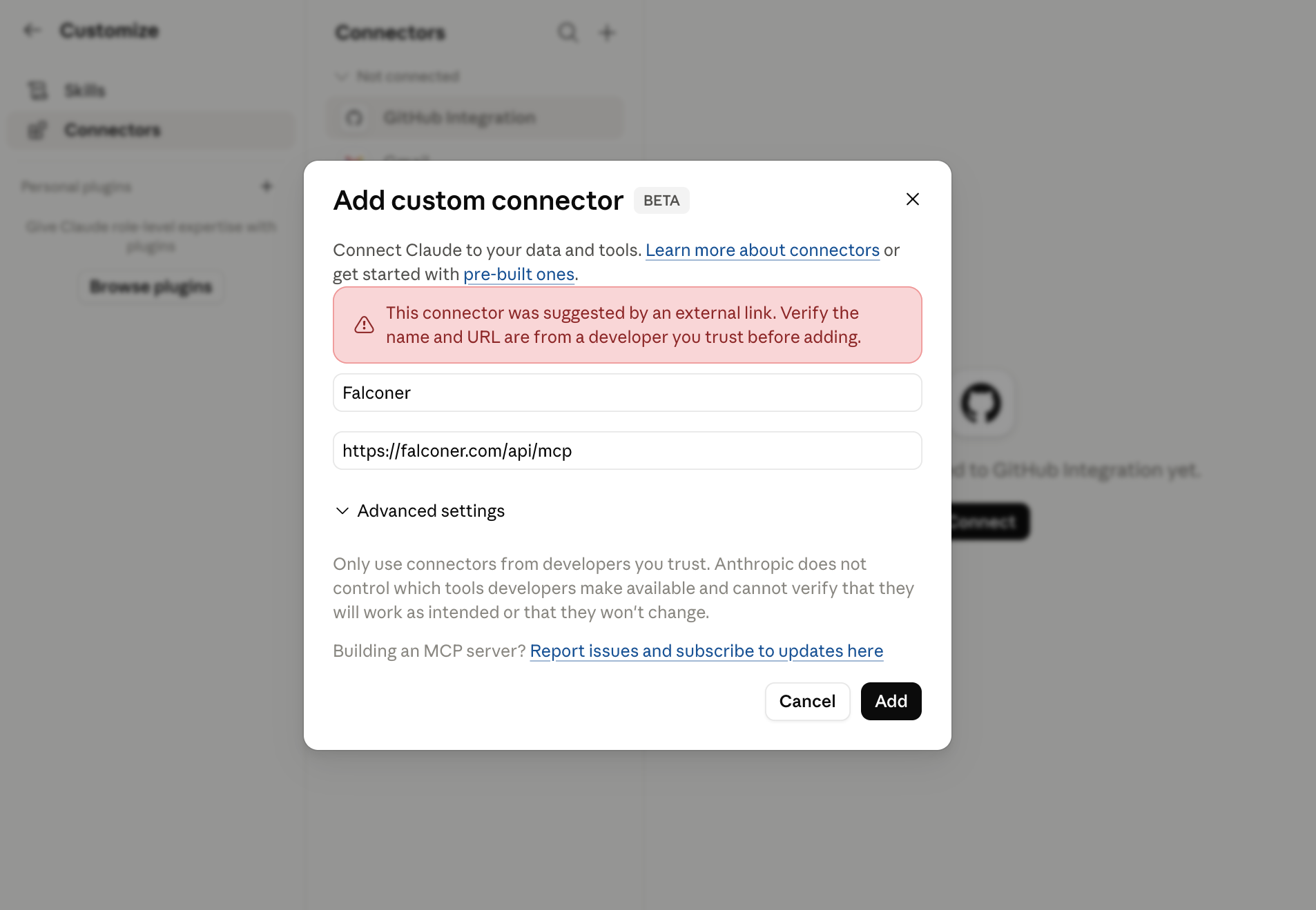 Claude.ai Add custom connector modal with Falconer name and MCP server URL
