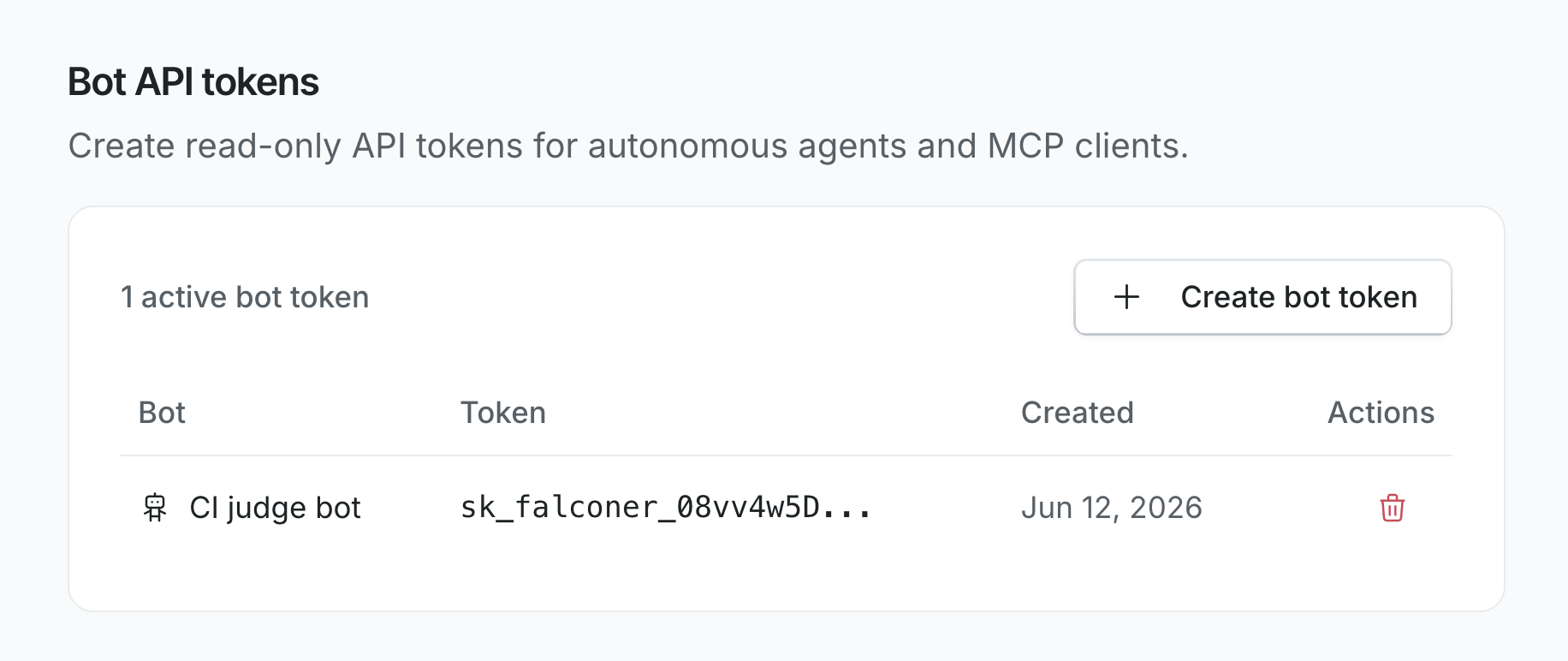 Organization settings showing the Bot API tokens section